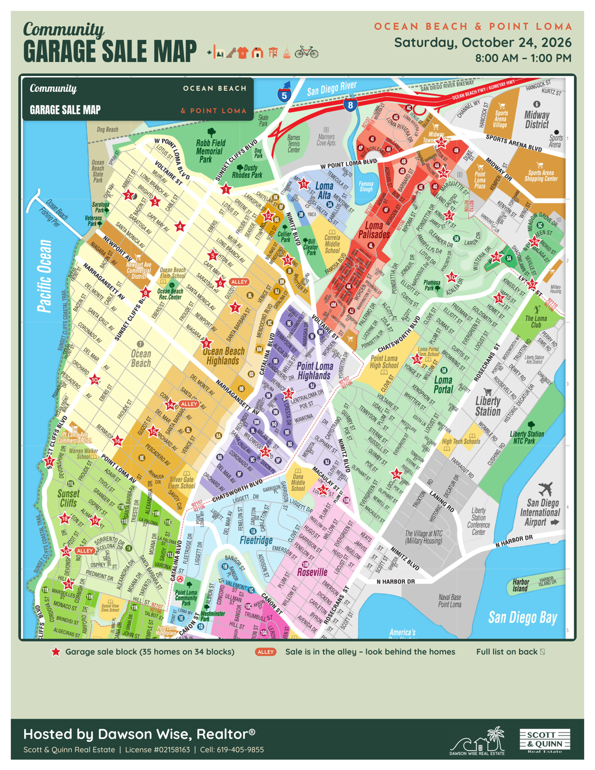 Community Garage Sale Map for Ocean Beach and Point Loma, Saturday, October 24, 2026, 8:00 AM to 1:00 PM, showing 34 numbered garage sale blocks